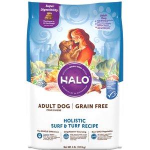 Halo Holistic Grain Free Surf & Turf Dog Food Recipe Adult Dry Dog Food Bag, 4-lb bag 