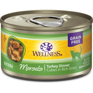 Wellness Morsels Turkey Dinner Cubes in Rich Gravy Grain-Free Canned Cat Food, 3-oz, case of 24