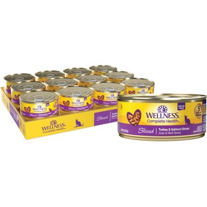 Wellness Sliced Turkey & Salmon Dinner Grain-Free Canned Cat Food, 5.5-oz, case of 24