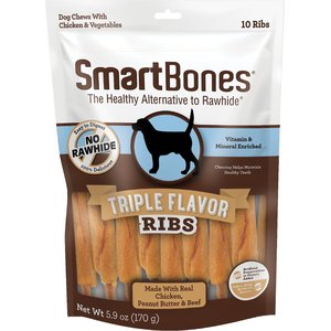SmartBones Triple Flavor Ribs Chicken, Beef & Peanut Butter Dog Treats, 10 count