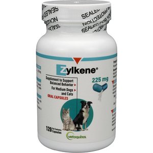 Vetoquinol Zylkene Capsules Calming Supplement for Cats & Dogs, 120 count, 225-mg bottle