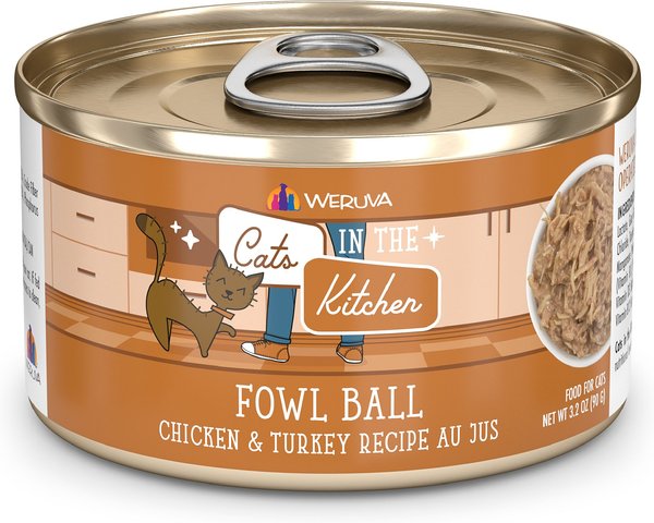 Weruva Cats in the Kitchen Fowl Ball Chicken & Turkey Au Jus Grain-Free Canned Cat Food, 6-oz, case of 24 slide 1 of 6