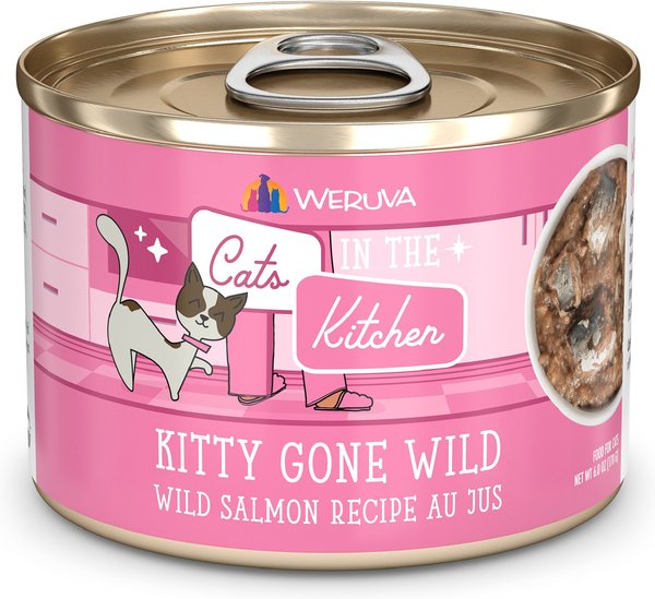 Weruva Cats in the Kitchen Kitty Gone Wild Salmon Au Jus Grain-Free Canned Cat Food, 3.2-oz, case of 24 slide 1 of 6