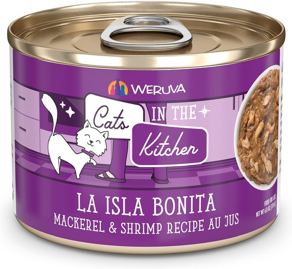 Weruva Cats in the Kitchen La Isla Bonita Mackerel & Shrimp Au Jus Grain-Free Canned Cat Food, 3.2-oz, case of 24 slide 1 of 6