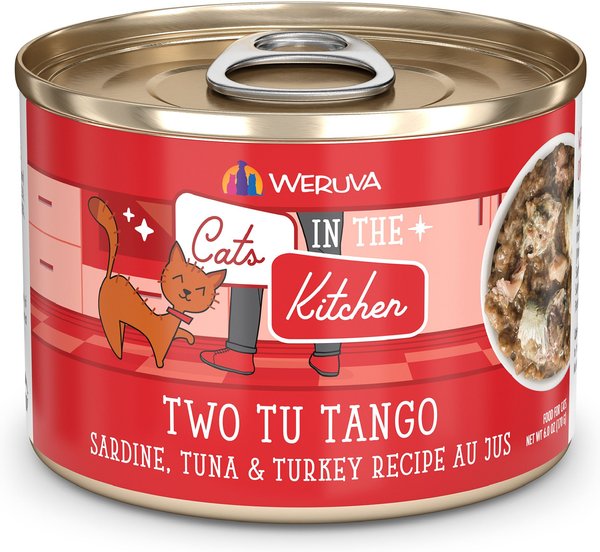 Weruva Cats in the Kitchen Two Tu Tango Sardine, Tuna & Turkey Recipe Au Jus Grain-Free Canned Cat Food, 3.2-oz, case of 24 slide 1 of 6