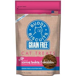 Buddy Biscuits Grain-Free with Savory Turkey & Cheddar Cat Treats, 3-oz bag