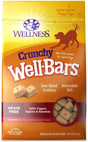 Wellness Crunchy WellBars Grain-Free Yogurt, Apples & Bananas Baked Dog Treats, 45-oz bag slide 1 of 8