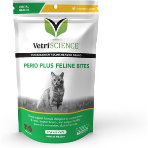 VetriScience Perio Plus Everyday Health Feline Bites Dental Cat Treats, 4.23-oz bag, 60 chews