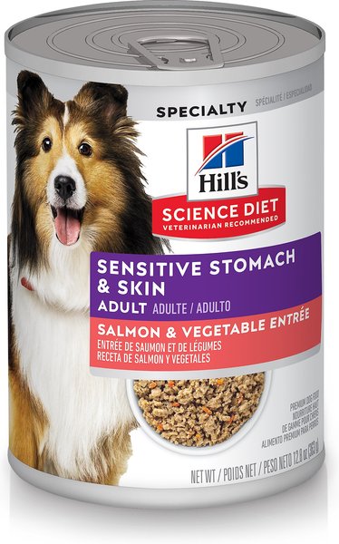 Hill's Science Diet Adult Sensitive Stomach & Skin Grain-Free Salmon & Vegetable Entree Canned Dog Food, 12.8-oz, case of 12 slide 1 of 10