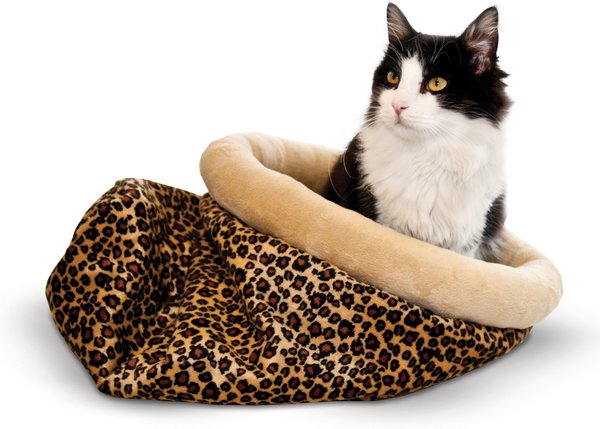K&H Pet Products Self-Warming Kitty Sack Cat Bed, Leopard slide 1 of 9