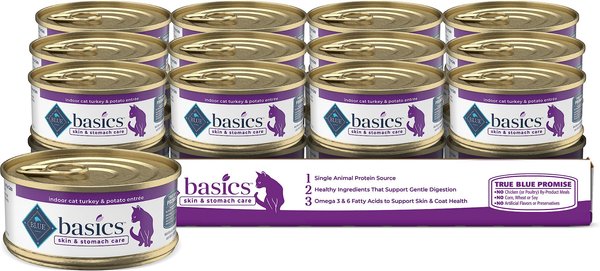 Blue Buffalo Basics Skin & Stomach Care Grain-Free Turkey & Potato Entree Indoor Adult Canned Cat Food, 5.5-oz, case of 24 slide 1 of 10