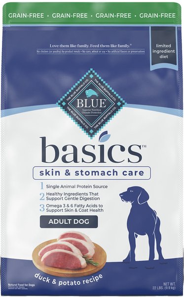 Blue Buffalo Basics Skin & Stomach Care Grain-Free Formula Duck & Potato Recipe Adult Dry Dog Food, 22-lb bag slide 1 of 10