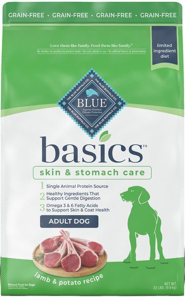 Blue Buffalo Basics Skin & Stomach Care Grain-Free Formula Lamb & Potato Recipe Adult Dry Dog Food, 22-lb bag slide 1 of 10