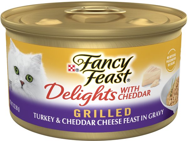Fancy Feast Delights with Cheddar Grilled Turkey & Cheddar Cheese Feast in Gravy Canned Cat Food, 3-oz, case of 24 slide 1 of 10