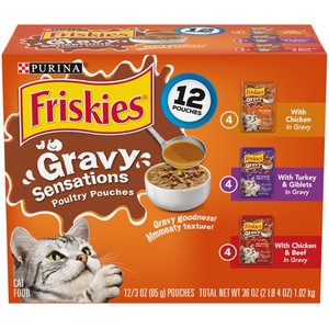 Friskies Gravy Sensations Poultry Favorites Wet Cat Food Pouches, 3-oz pouch, case of 12