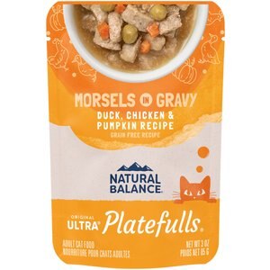 Natural Balance Platefulls Indoor Formula Duck, Chicken & Pumpkin Formula in Gravy Grain-Free Cat Food Pouches, 3-oz pouch, case of 24