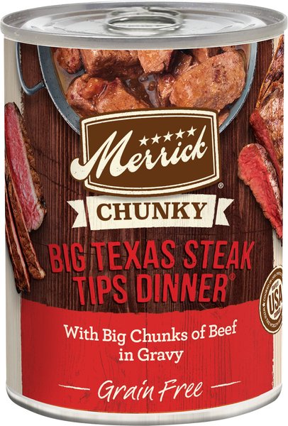Merrick Chunky Grain-Free Wet Dog Food Big Texas Steak Tips Dinner, 12.7-oz can, case of 12 slide 1 of 9