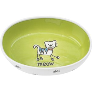 PetRageous Designs Silly Kitty Oval Ceramic Cat Bowl, White & Lime Green, 2-cup