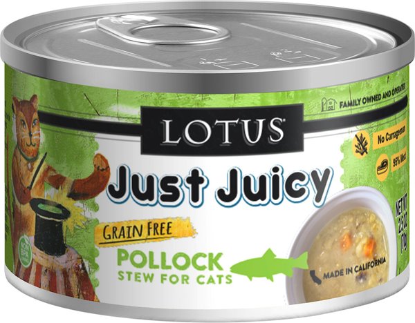 Lotus Just Juicy Pollock Stew Grain-Free Canned Cat Food, 2.5-oz, case of 24 slide 1 of 2