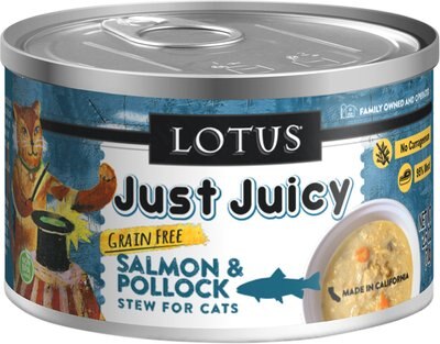 Lotus Just Juicy Salmon & Pollock Stew Grain-Free Canned Cat Food, slide 1 of 1