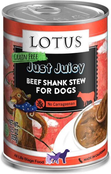 Lotus Just Juicy Beef Shank Stew Grain-Free Canned Dog Food, 12.5-oz, case of 12 slide 1 of 4