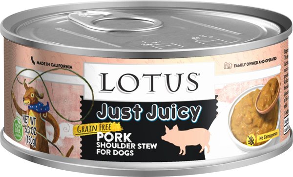 Lotus Just Juicy Pork Shoulder Stew Grain-Free Canned Dog Food, 5.5-oz, case of 24 slide 1 of 3