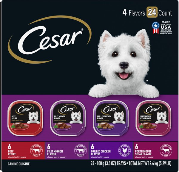 Cesar Classic Loaf in Sauce Beef Recipe, Filet Mignon, Grilled Chicken, & Porterhouse Steak Flavors Variety Pack Dog Food Trays, 3.5-oz, case of 24 slide 1 of 10