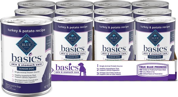 Blue Buffalo Basics Skin & Stomach Care Grain-Free Turkey & Potato Senior Canned Dog Food, 12.5-oz, case of 12 slide 1 of 10