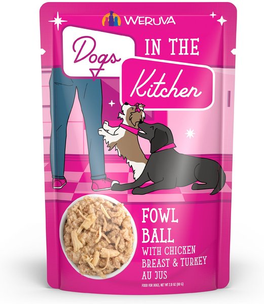 Weruva Dogs in the Kitchen Fowl Ball with Chicken Breast & Turkey Au Jus Grain-Free Dog Food Pouches, 2.8-oz, case of 12 slide 1 of 7