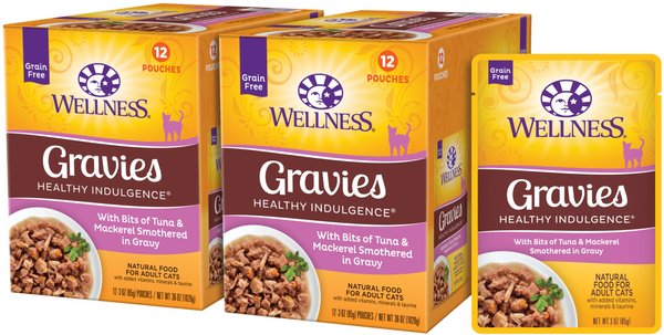 Wellness Healthy Indulgence Gravies with Bits of Tuna & Mackerel Smothered in Gravy Grain-Free Wet Cat Food Pouches, 3-oz, case of 24 slide 1 of 8