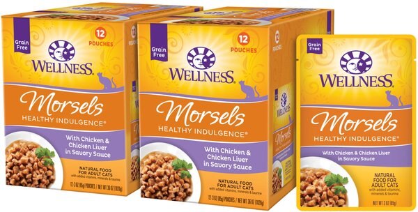 Wellness Healthy Indulgence Morsels with Chicken & Chicken Liver in Savory Sauce Grain-Free Wet Cat Food Pouches, 3-oz, case of 24 slide 1 of 8