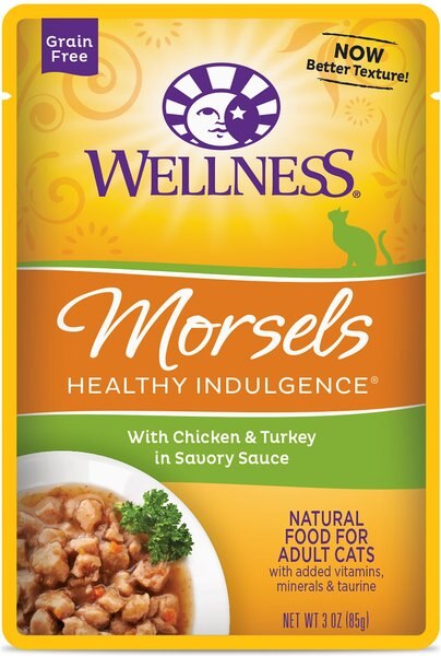 Wellness Healthy Indulgence Morsels with Chicken & Turkey in Savory Sauce Grain-Free Wet Cat Food Pouches, 3-oz, case of 24 slide 1 of 8