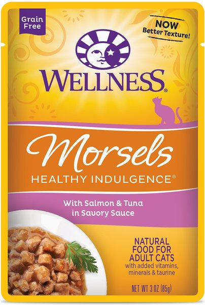 Wellness Healthy Indulgence Morsels with Salmon & Tuna in Savory Sauce Grain-Free Wet Cat Food Pouches, 3-oz, case of 24 slide 1 of 8