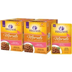 Wellness Healthy Indulgence Morsels with Tuna in Savory Sauce Grain-Free Wet Cat Food Pouches, 3-oz, case of 24