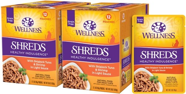 Wellness Healthy Indulgence Shreds with Skipjack Tuna & Shrimp in Light Sauce Grain-Free Wet Cat Food Pouches, 3-oz, case of 24 slide 1 of 9