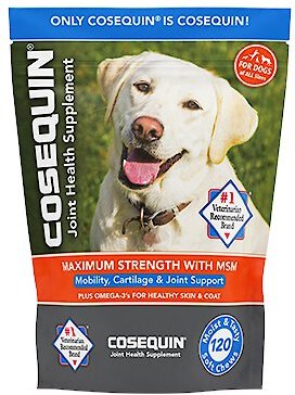 Nutramax Cosequin Max Strength with MSM Plus Omega 3's Soft Chews Joint Supplement for Dogs, 120 count slide 1 of 9