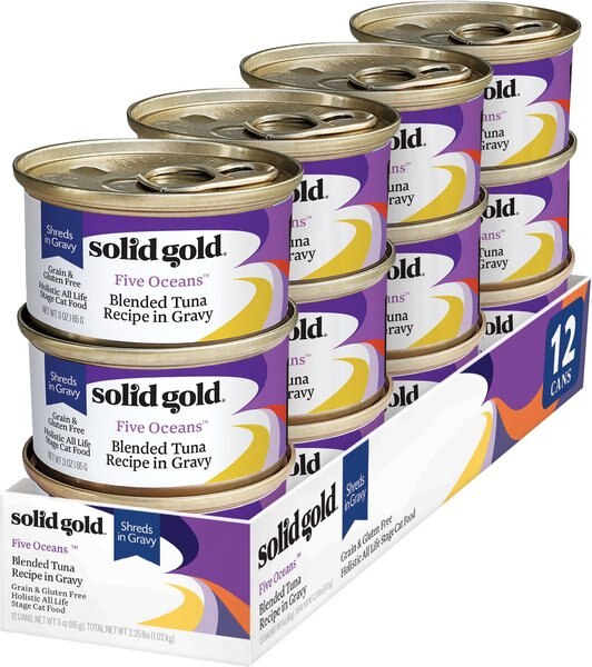 Solid Gold Five Oceans Shreds with Real Tuna Recipe in Gravy Grain-Free Canned Cat Food, 3-oz, case of 12 slide 1 of 6