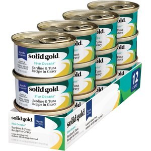 Solid Gold Five Oceans Sardines & Tuna Recipe in Gravy Grain-Free Canned Cat Food, 3-oz, case of 12