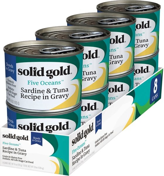 Solid Gold Five Oceans Sardines & Tuna Recipe in Gravy Grain-Free Canned Cat Food, 6-oz, case of 8 slide 1 of 6