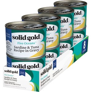 Solid Gold Five Oceans Sardines & Tuna Recipe in Gravy Grain-Free Canned Cat Food, 6-oz, case of 8