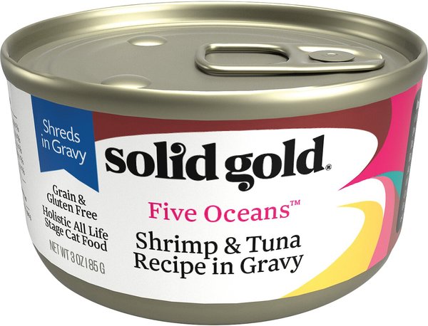 Solid Gold Five Oceans Shrimp & Tuna Recipe in Gravy Grain-Free Canned Cat Food, 3-oz, case of 12 slide 1 of 6