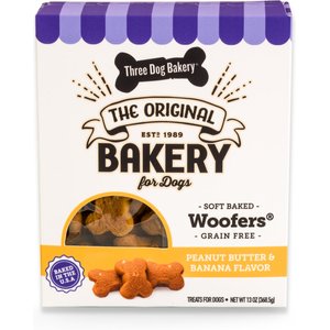 Three Dog Bakery Soft Baked Woofers Grain-Free Peanut Butter & Banana Flavor Dog Treats, 13-oz box