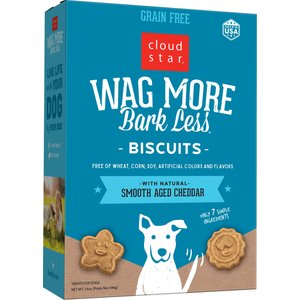 Cloud Star Wag More Bark Less Grain-Free Oven Baked with Smooth Aged Cheddar Dog Treats, 14-oz box